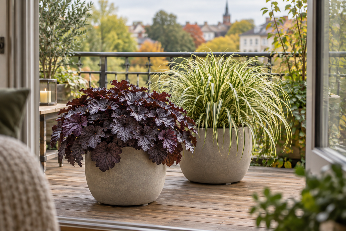 Purpurglöckchen und gelbgrüne Segge in zwei Töpfen – Heuchera and variegated sedge in two pots