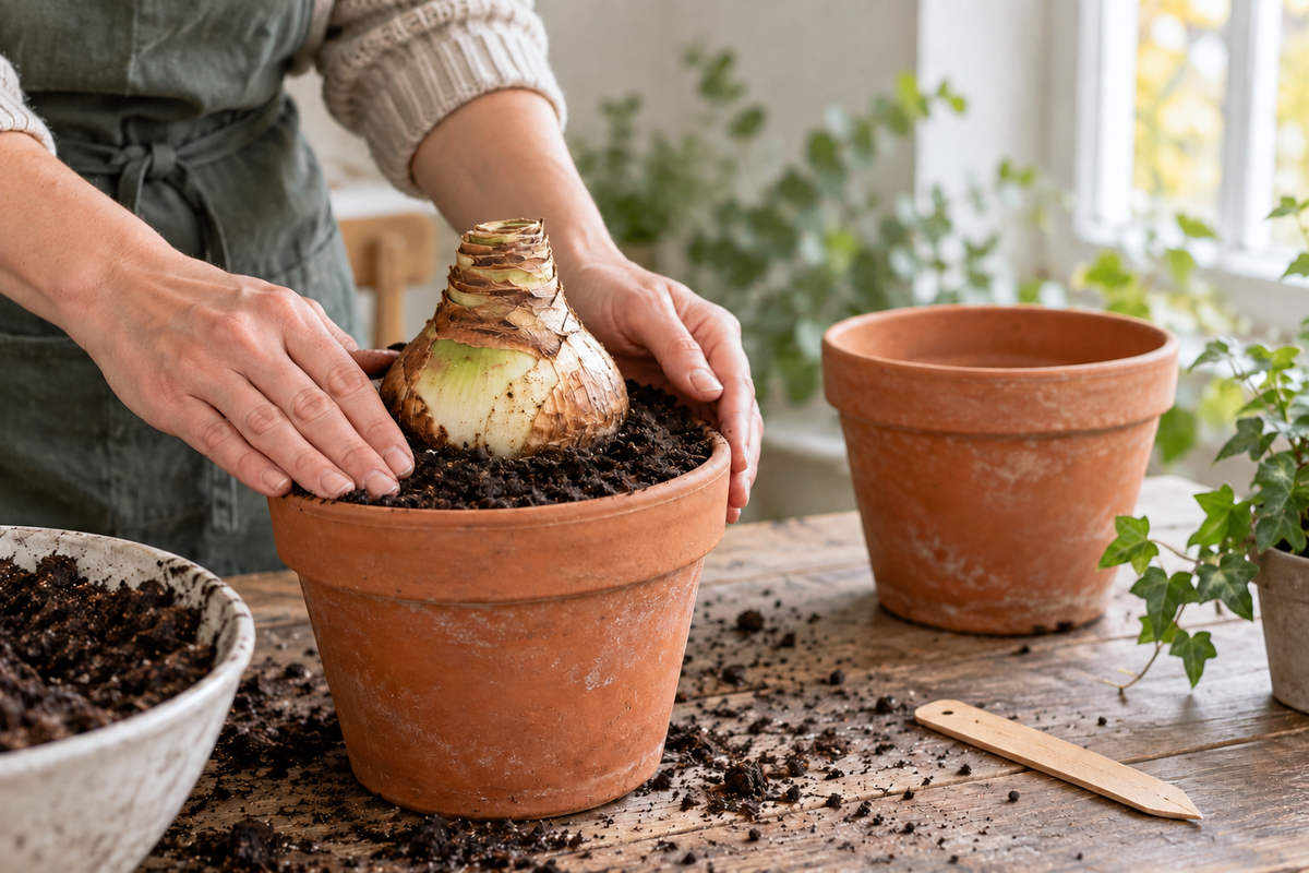 Ritterstern-Zwiebel wird Anfang Oktober mit sichtbarem Zwiebelhals eingetopft / Hippeastrum bulb is potted in early October with its neck exposed
