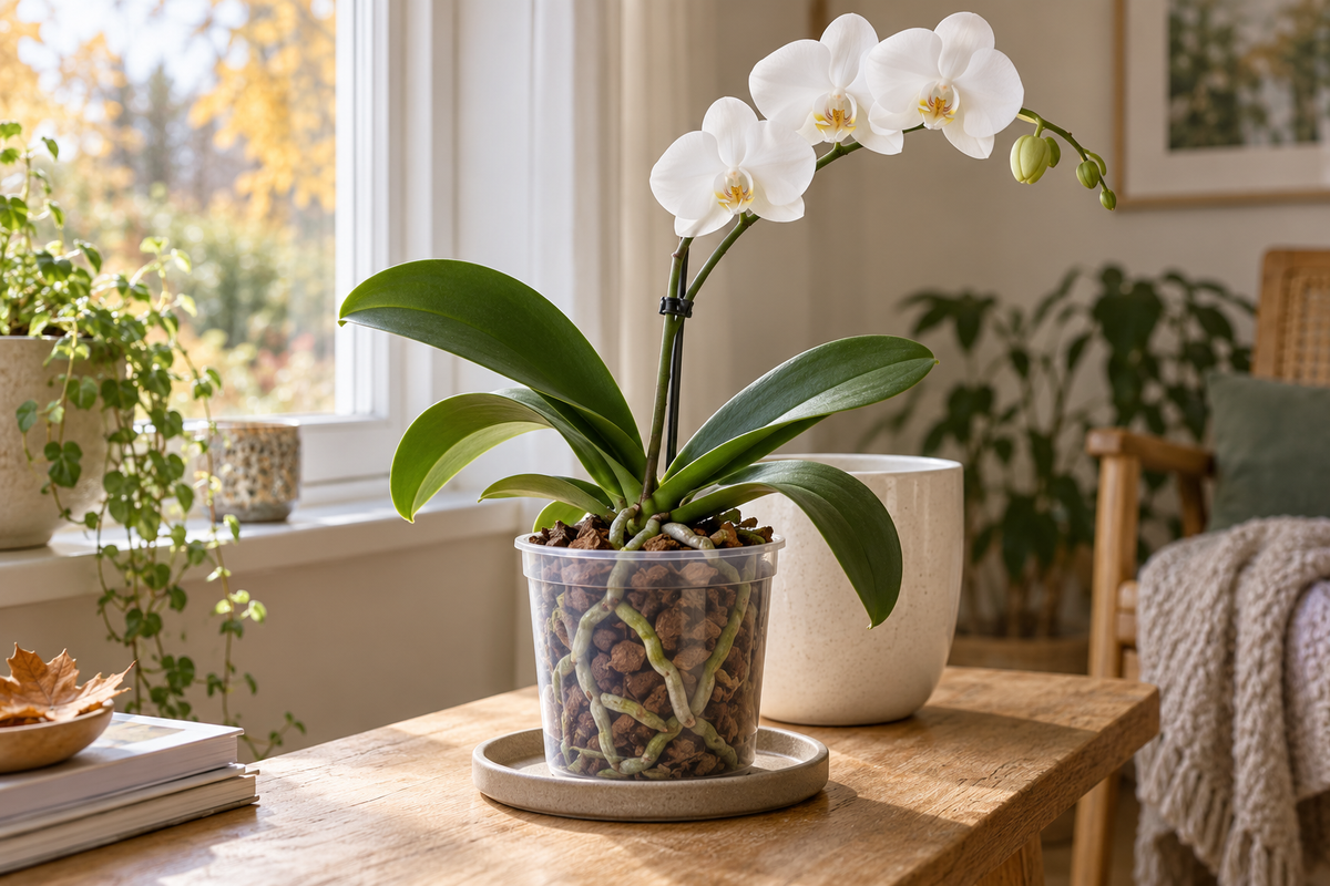 Weiß blühende Phalaenopsis im transparenten Kulturtopf mit sichtbaren Wurzeln neben einem hellen Fenster.