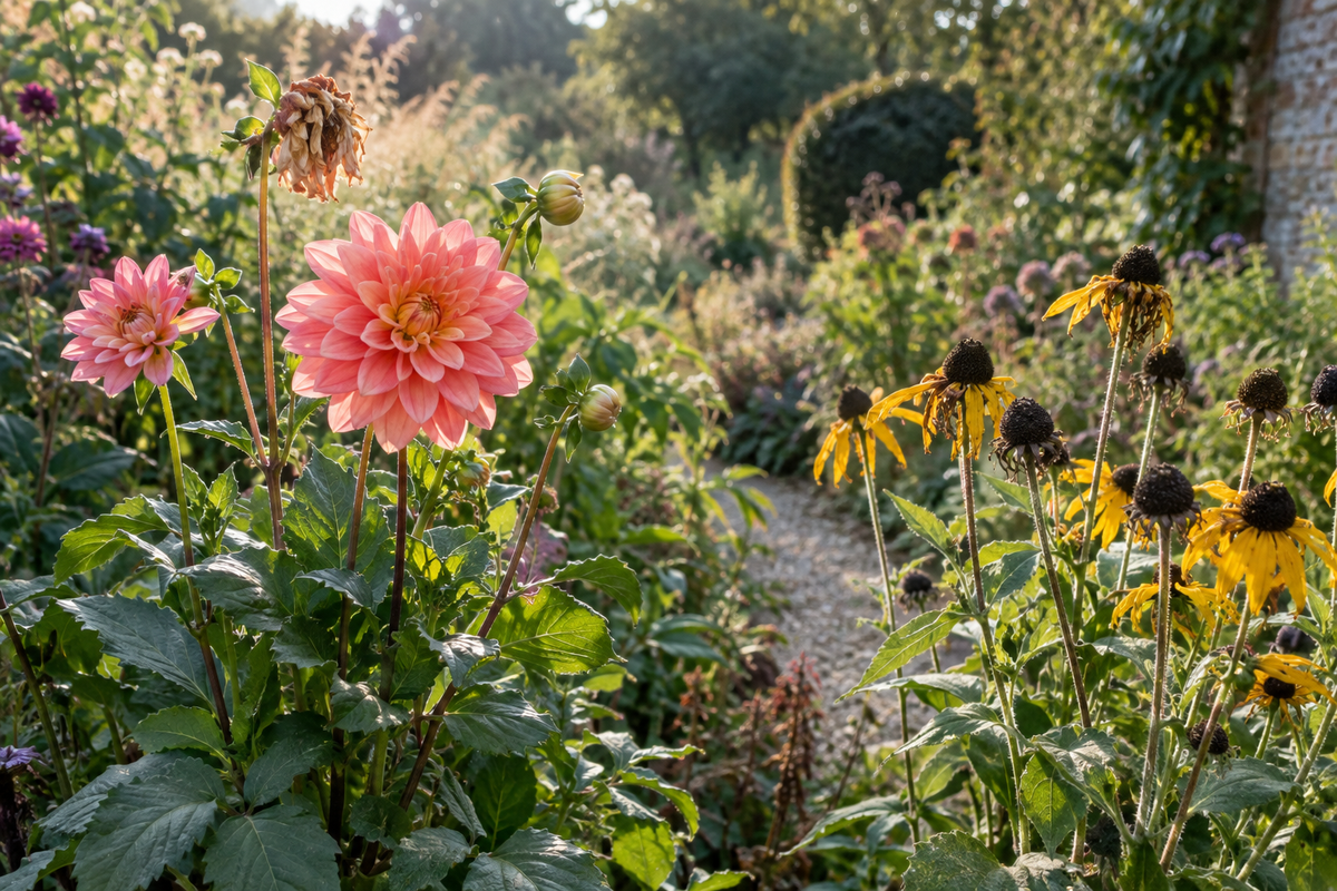 Rosa Dahlien mit Knospen und verblühter Blüte neben verblühendem Sonnenhut im Garten.