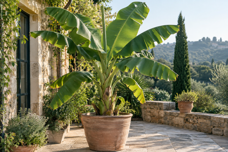 Bananenpflanze mit großen grünen Blättern, natürlichen Blatteinrissen und überlappenden Blattscheiden im Terrakottakübel.