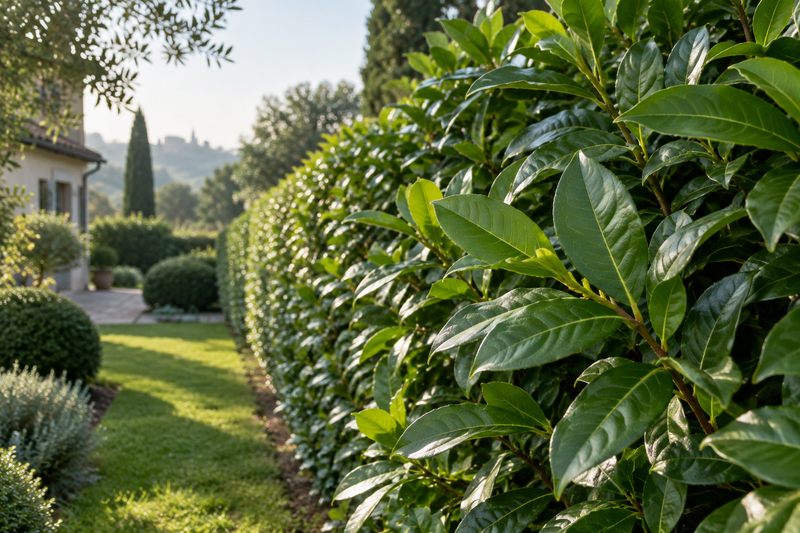 Dichte Kirschlorbeerhecke mit glänzenden grünen Blättern neben einer Rasenfläche im Garten.