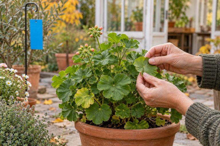 Eine Pelargonie wird vor dem Einräumen ins Winterquartier an den Blättern kontrolliert; daneben hängt eine Blautafel.