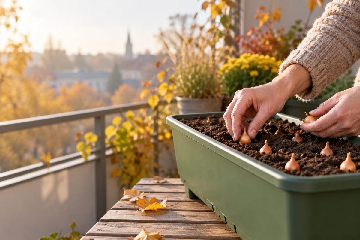 Hands planting small autumn-planting onion sets with their tips pointing upwards in loose compost in a large container.