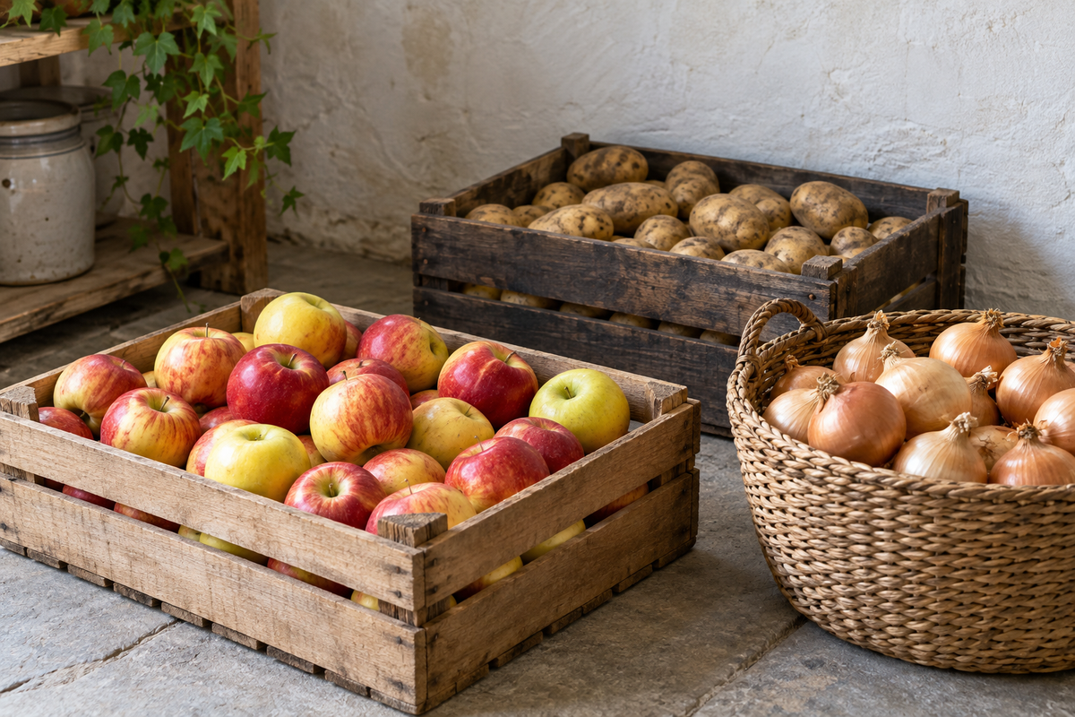 Äpfel in einer hellen Holzkiste, Kartoffeln in einer dunklen Holzkiste und Zwiebeln in einem Flechtkorb in einem Vorratsraum.