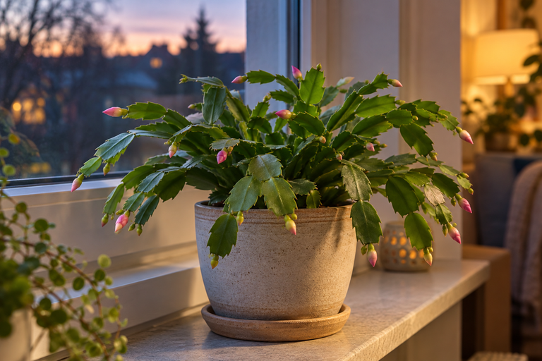 Weihnachtskaktus mit jungen Knospen am Fenster in der Oktoberdämmerung