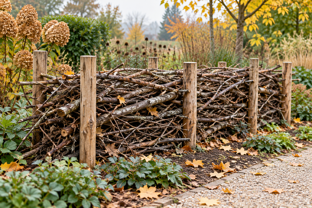 Kleine Totholzhecke im Herbstgarten / Small dead hedge in an autumn garden