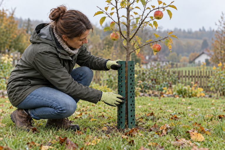 Junger Apfelbaum mit grüner gelochter Schutzmanschette; behandschuhte Hände prüfen den Sitz im herbstlichen Obstgarten. KI-generiertes Symbolbild.