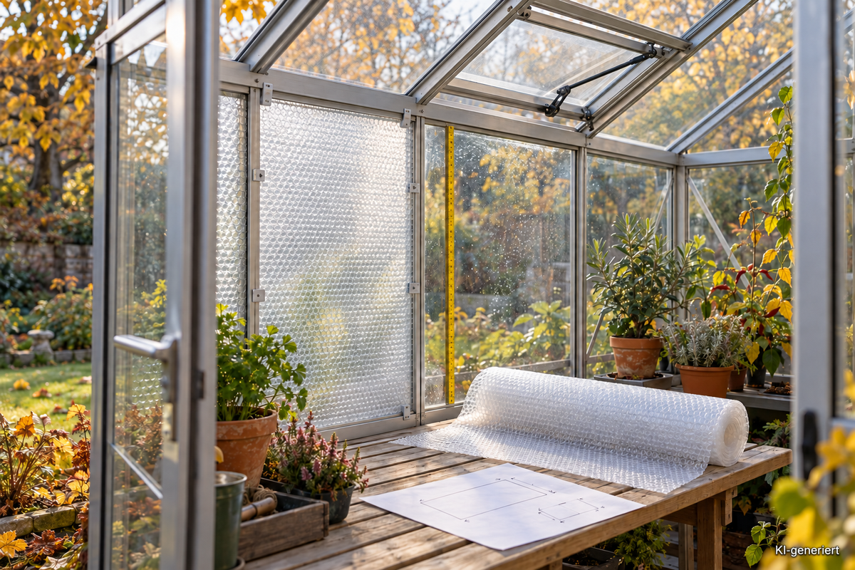 Kleines Gewächshaus im Oktobergarten: Noppenfolie, Maßband und ein frei bleibendes Dachfenster zeigen die Planung der Isolierfläche.