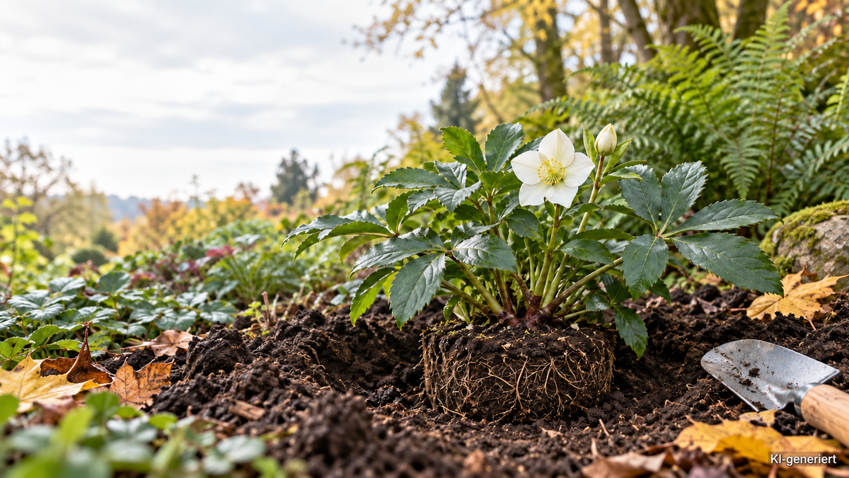 Christrose mit Wurzelballen in einer vorbereiteten Pflanzgrube; der Pflanzenhals liegt auf Höhe des lockeren Gartenbodens.