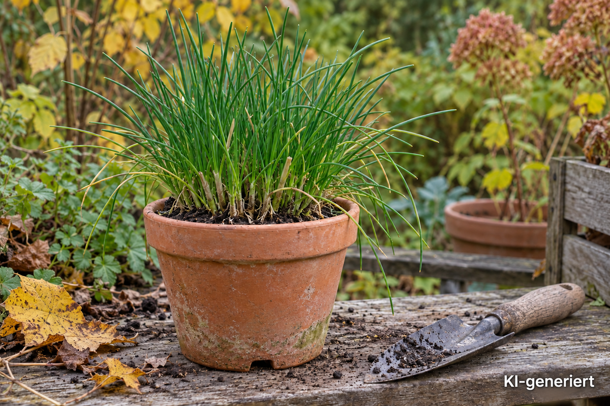 Chives in a terracotta pot on an autumn potting bench