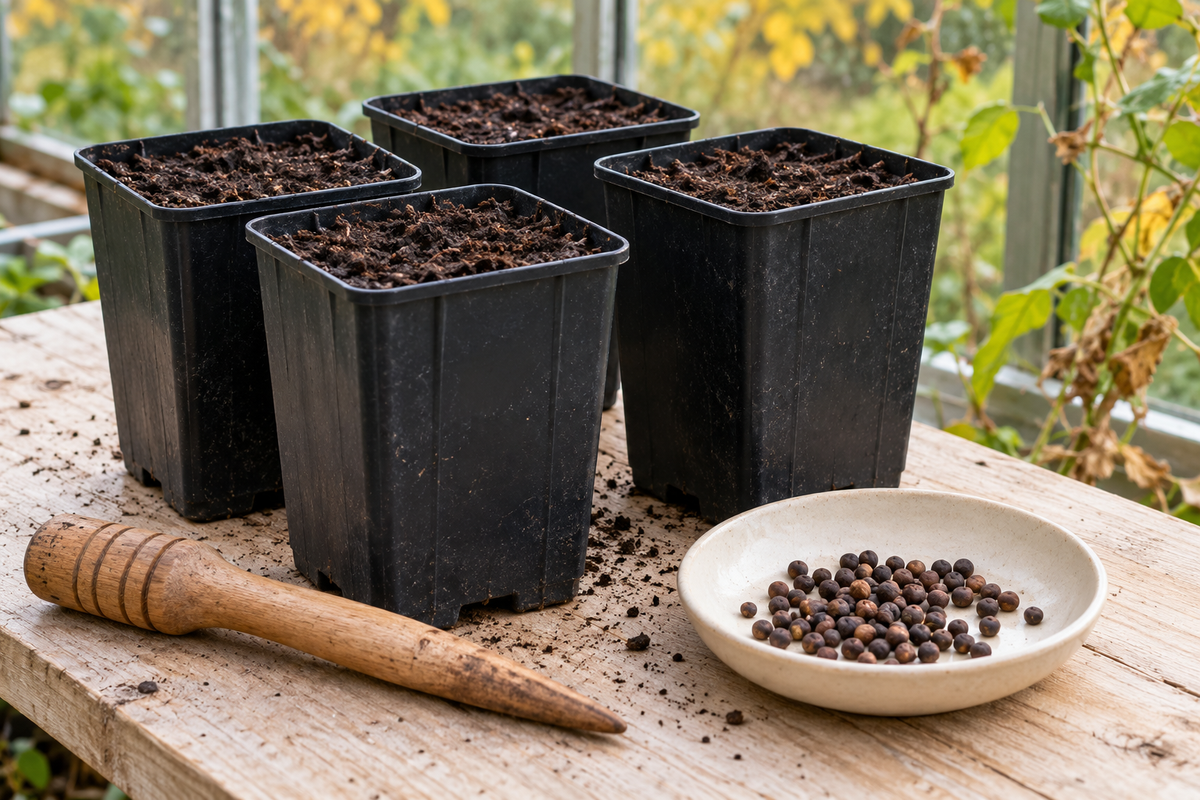 Deep propagation pots, seeds and a dibber on a greenhouse bench — AI-generated illustrative image.