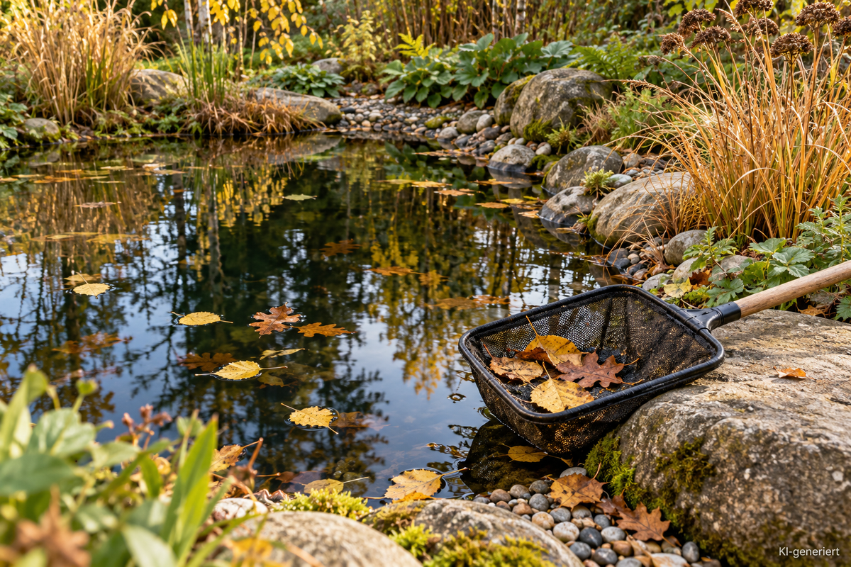 Gartenteich im Herbst mit schwimmendem Laub und einem Kescher am bewachsenen Ufer.