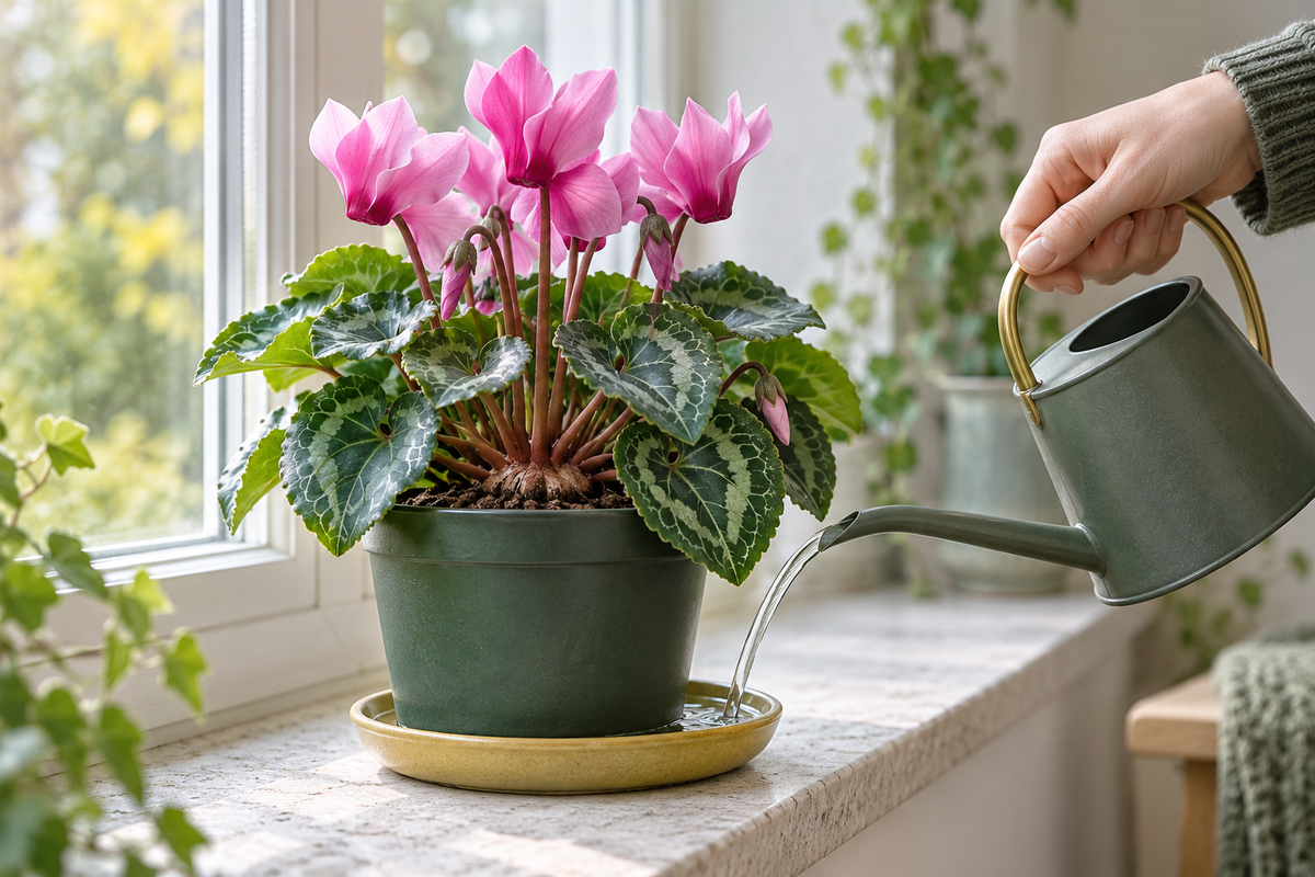 Zimmer-Alpenveilchen wird von unten gegossen; KI-generiertes Symbolbild. / Florist’s cyclamen watered from below; AI-generated illustrative image.