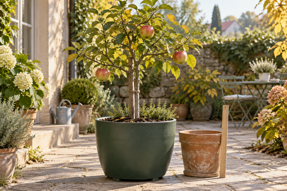 Kleiner Apfelbaum mit drei Früchten in einem grünen Kübel auf einer herbstlichen Terrasse.