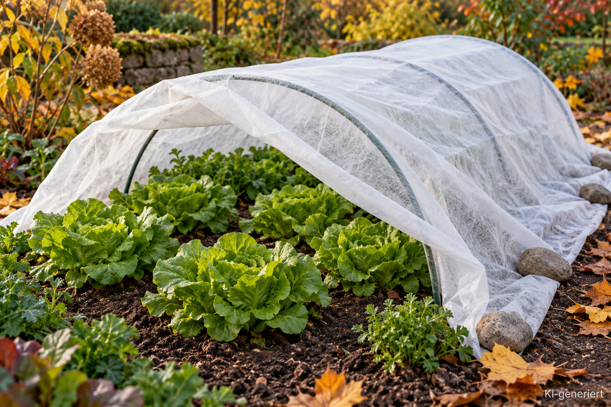 Zur Kontrolle geöffnetes Gartenvlies auf niedrigen Bügeln über Salat im Herbstbeet