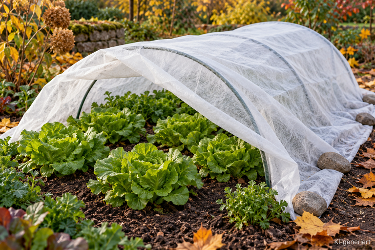 Zur Kontrolle geöffnetes Gartenvlies auf niedrigen Bügeln über Salat im Herbstbeet