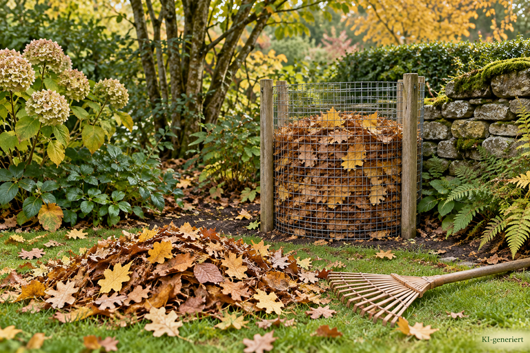 Herbstlaub in einem luftigen Drahtkorb an einem geschützten Gartenplatz
