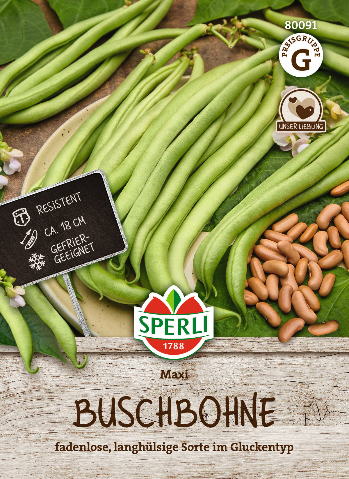 Original-SPERLI-Samentüte, Vorderseite: Buschbohne Maxi (Art.-Nr. 80091).