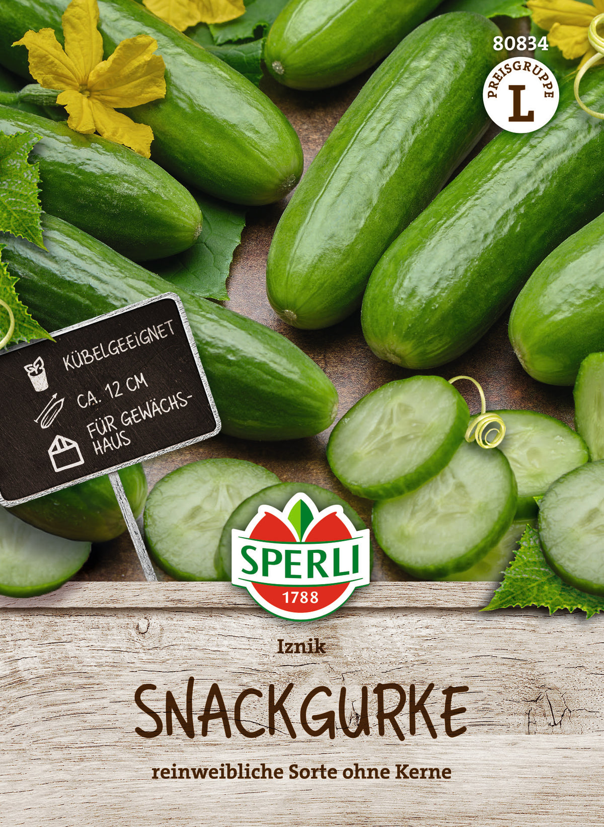 Original-SPERLI-Samentüte, Vorderseite: Snackgurke Iznik F1 (Art.-Nr. 80834).