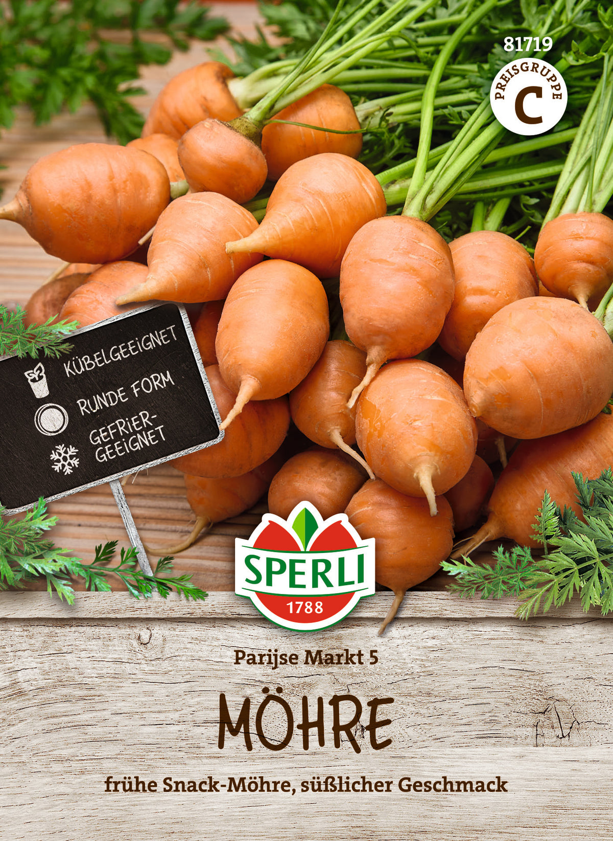 Original-SPERLI-Samentüte, Vorderseite: Möhre Pariser Markt 5 (Art.-Nr. 81719).