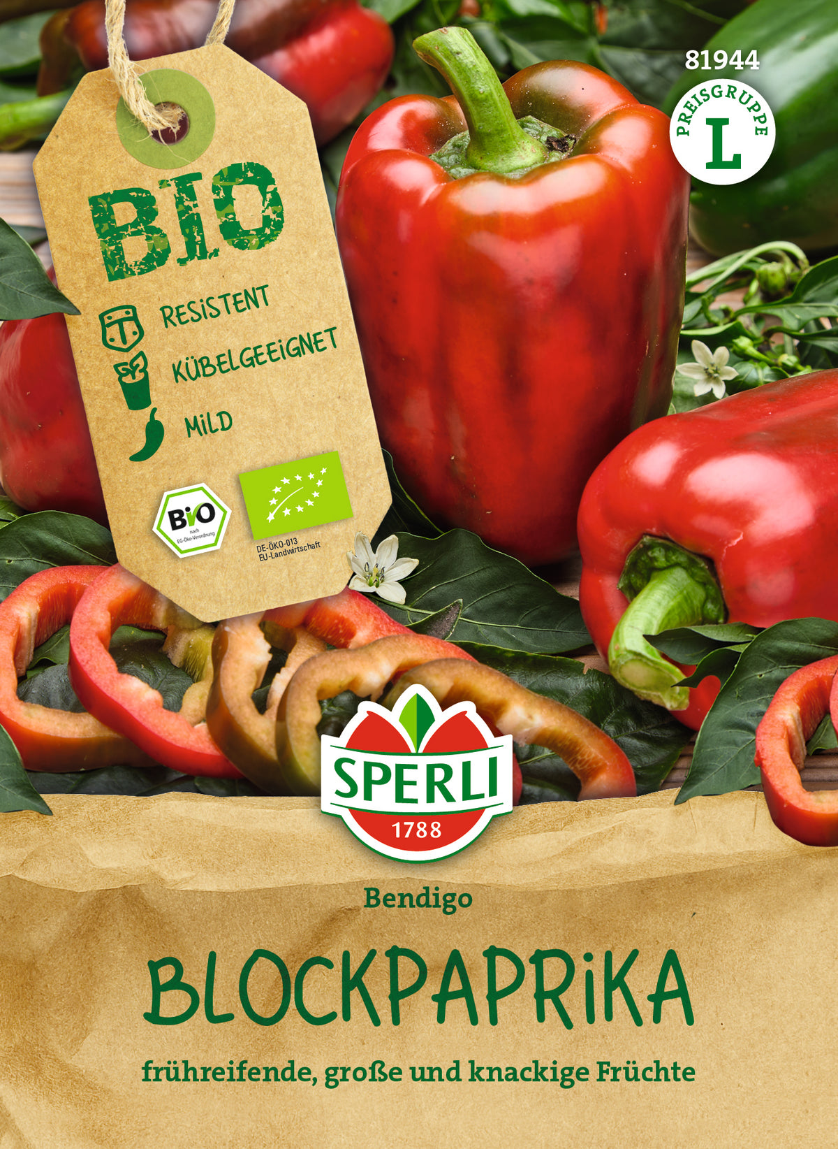 Original-SPERLI-Samentüte, Vorderseite: BIO Blockpaprika Bendigo F1 (Art.-Nr. 81944).