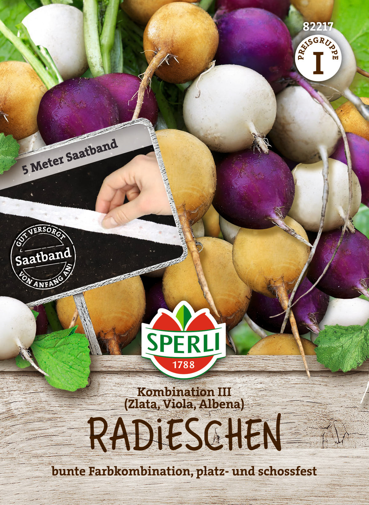 Original SPERLI seed packet, front: Radish Kombination III seed tape (article 82217).