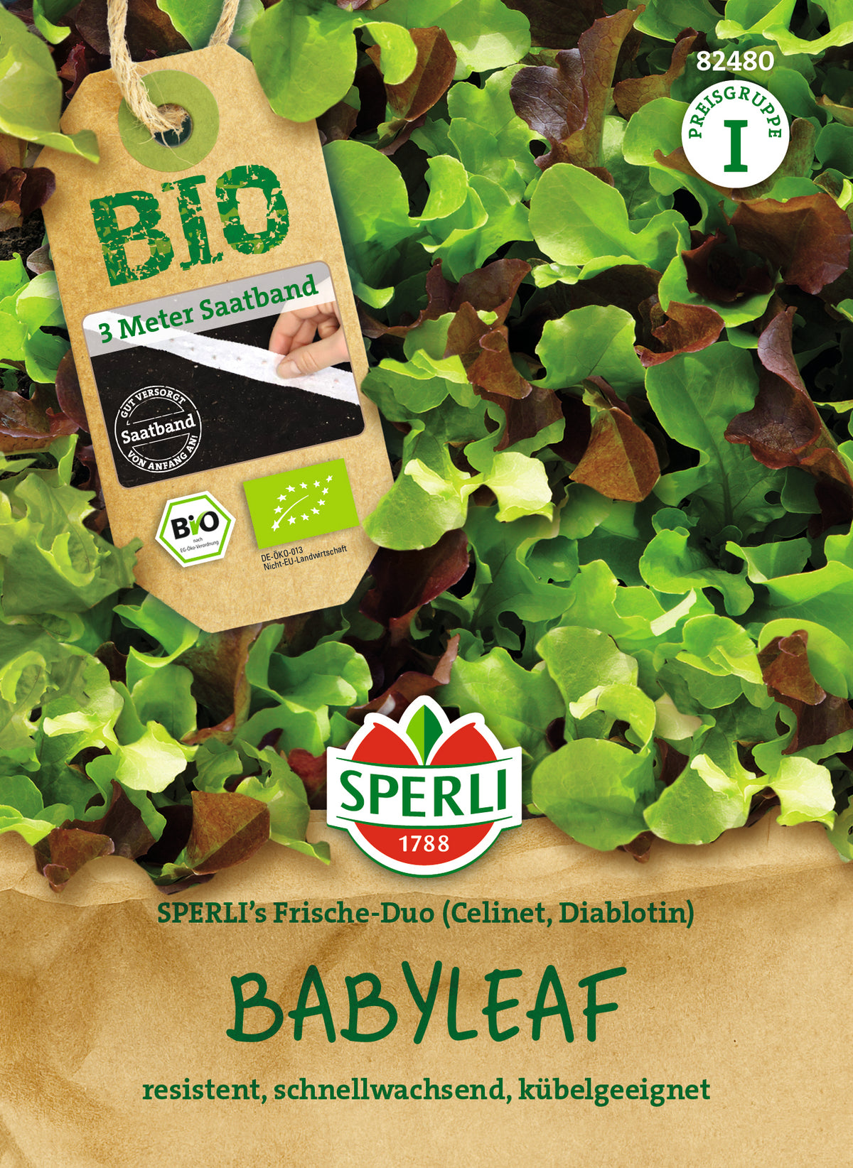 Original-SPERLI-Samentüte, Vorderseite: BIO Pflücksalat Babyleaf Mischung, Saatband (Art.-Nr. 82480).
