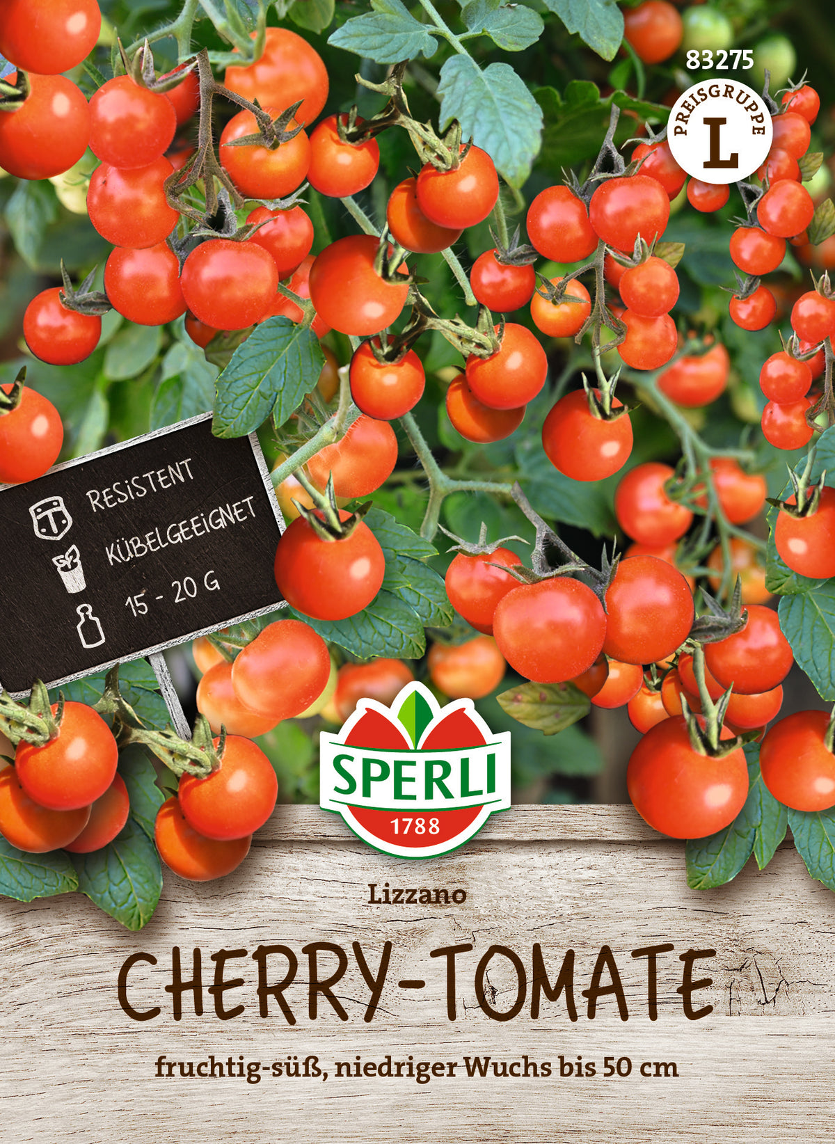Original-SPERLI-Samentüte, Vorderseite: Tomate Lizzano F1 (Art.-Nr. 83275).