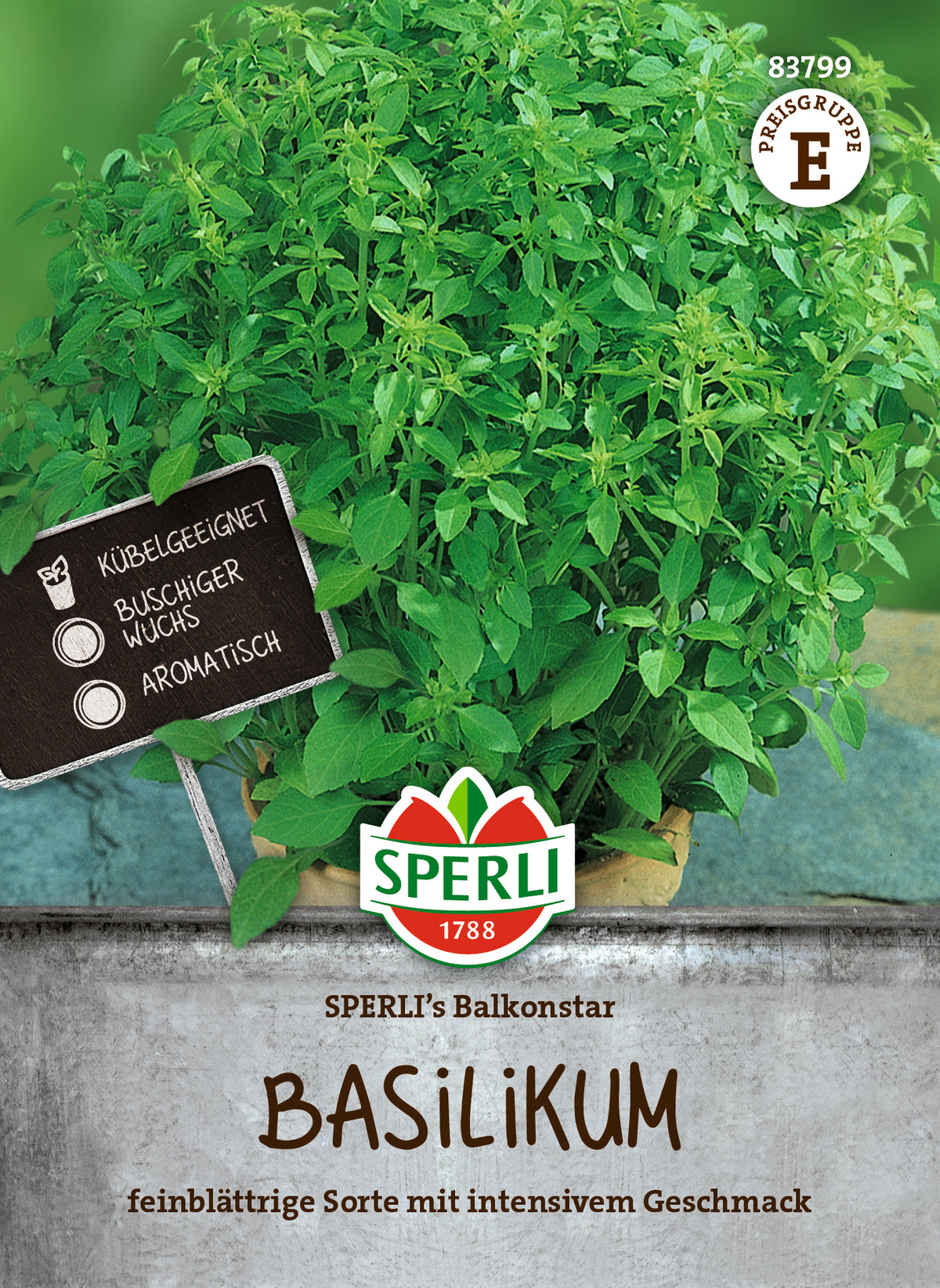 Original-SPERLI-Samentüte, Vorderseite: Basilikum SPERLI’s Balkonstar (Art.-Nr. 83799).