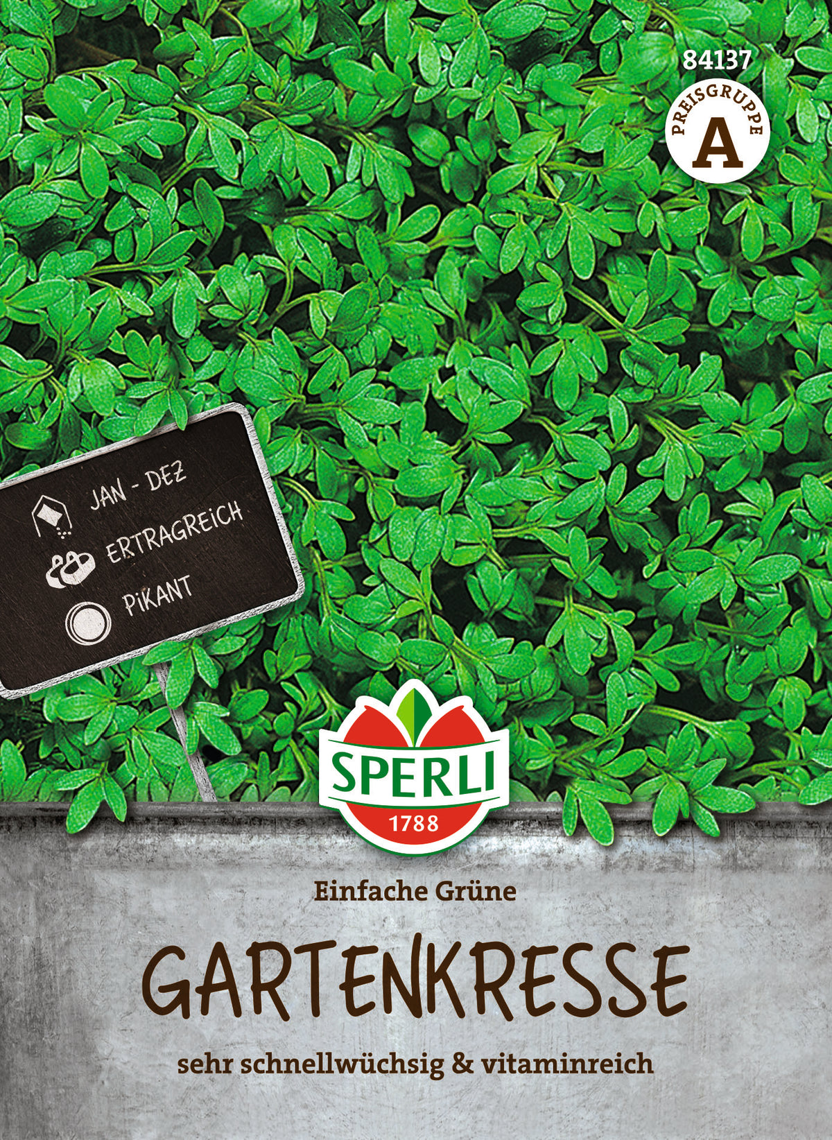 Original-SPERLI-Samentüte, Vorderseite: Gartenkresse Einfache Grüne (Art.-Nr. 84137).