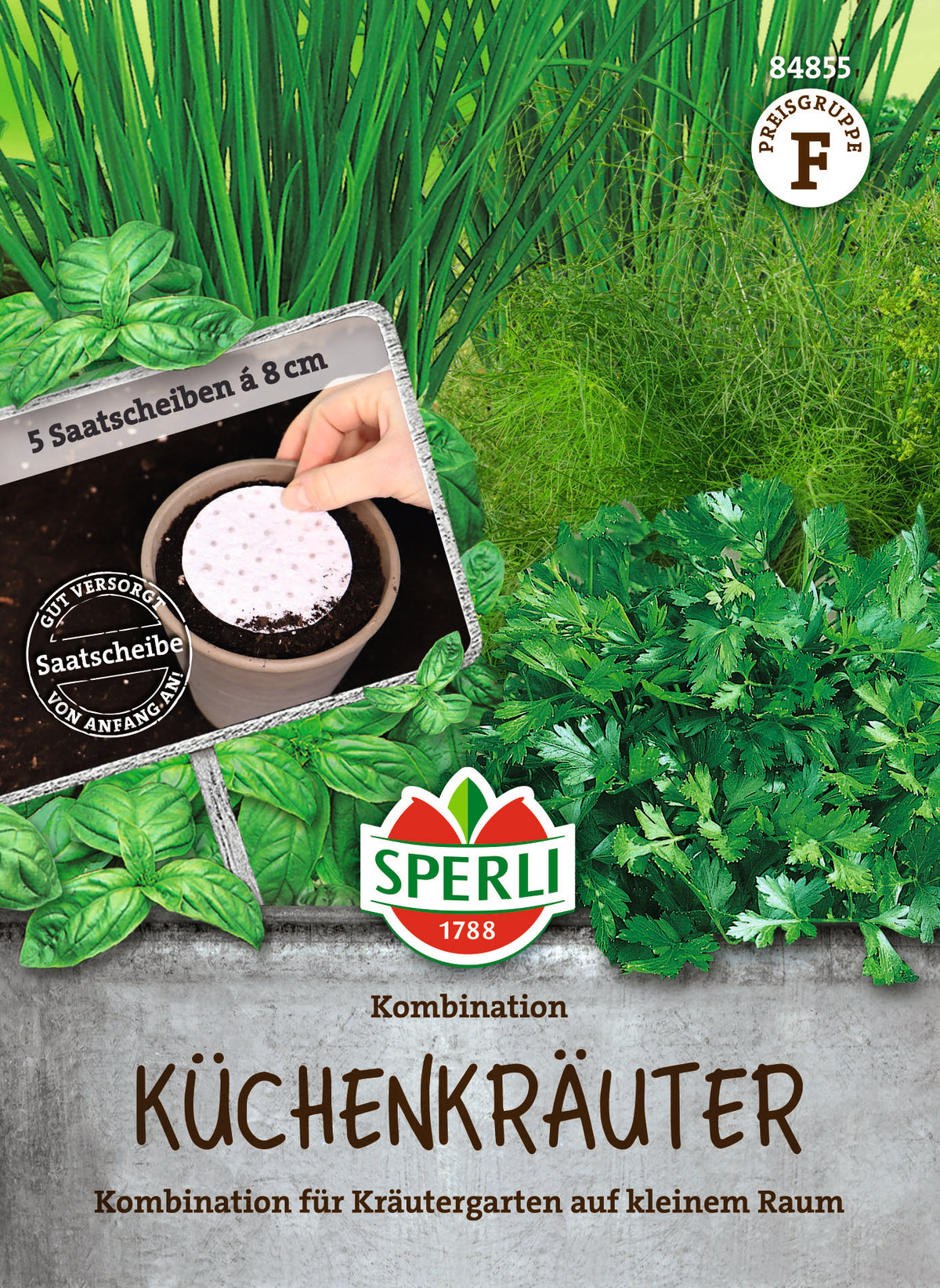Original-SPERLI-Samentüte, Vorderseite: Küchenkräuter-Saatscheibe (Art.-Nr. 84855).