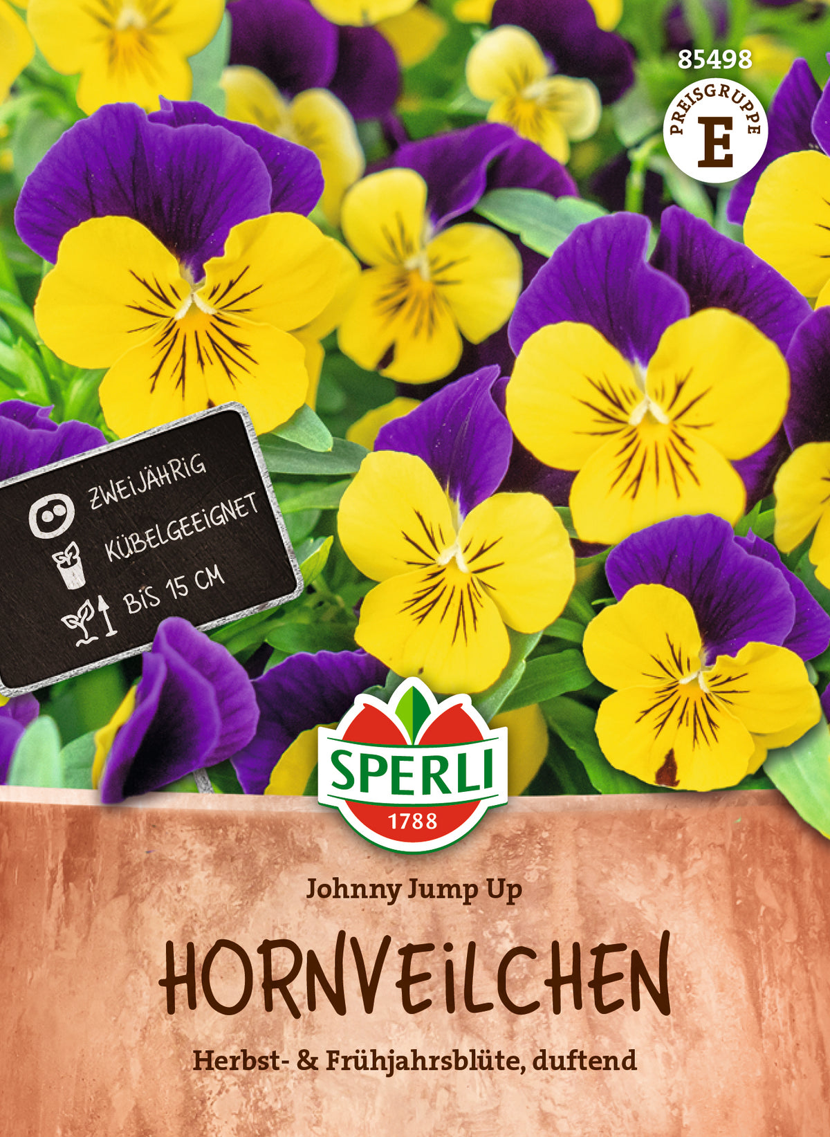 Original-SPERLI-Samentüte, Vorderseite: Hornveilchen Johnny Jump Up (Art.-Nr. 85498).