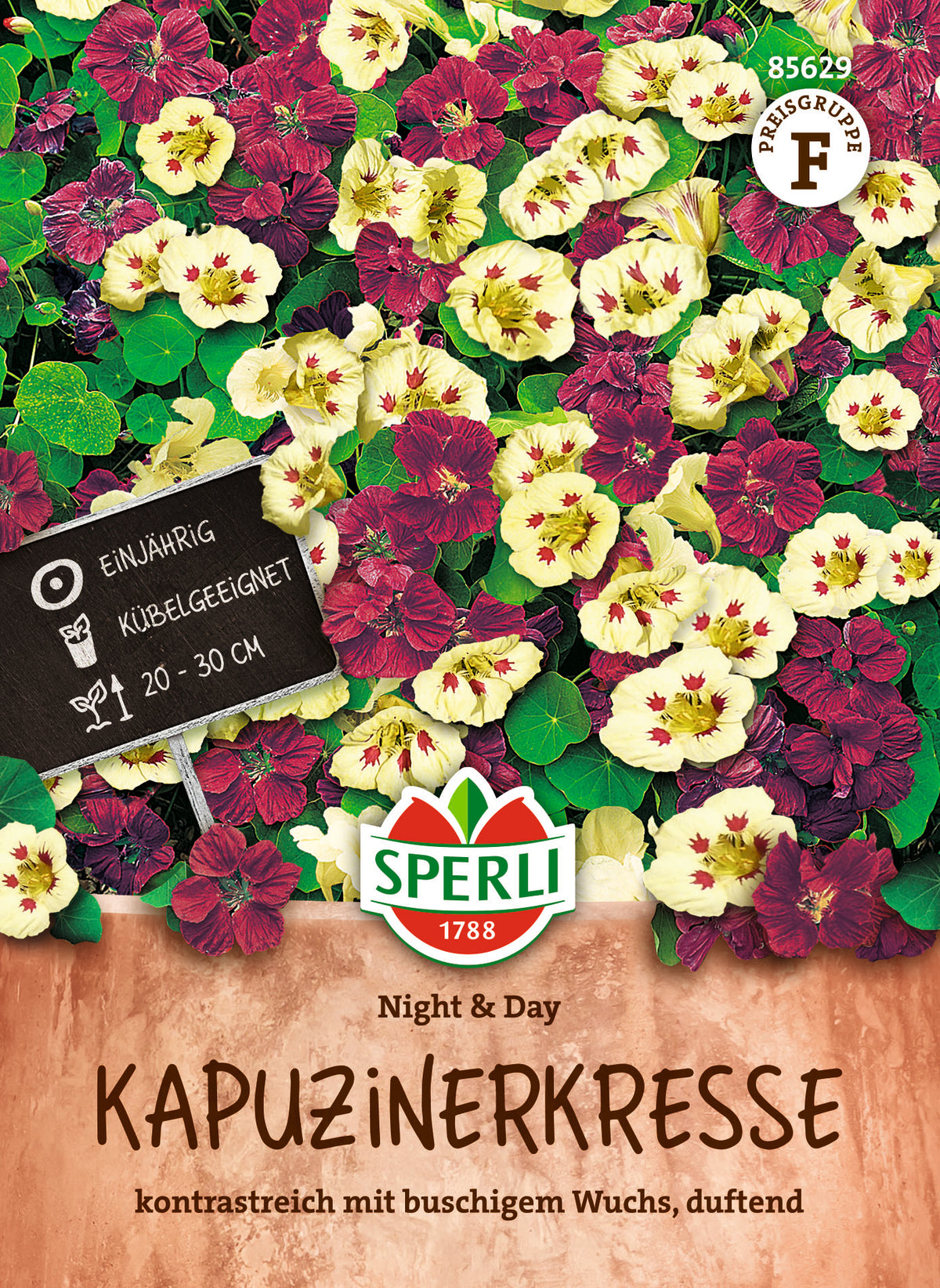 Original-SPERLI-Samentüte, Vorderseite: Kapuzinerkresse Night & Day (Art.-Nr. 85629).