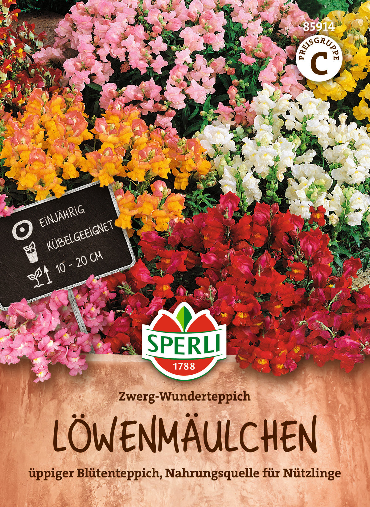 Original-SPERLI-Samentüte, Vorderseite: Löwenmäulchen Zwerg-Wunderteppich (Art.-Nr. 85914).