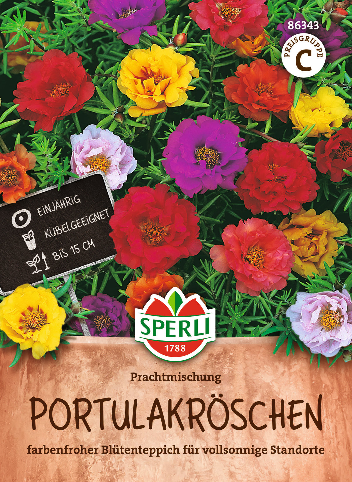 Original-SPERLI-Samentüte, Vorderseite: Portulakröschen Prachtmischung (Art.-Nr. 86343).