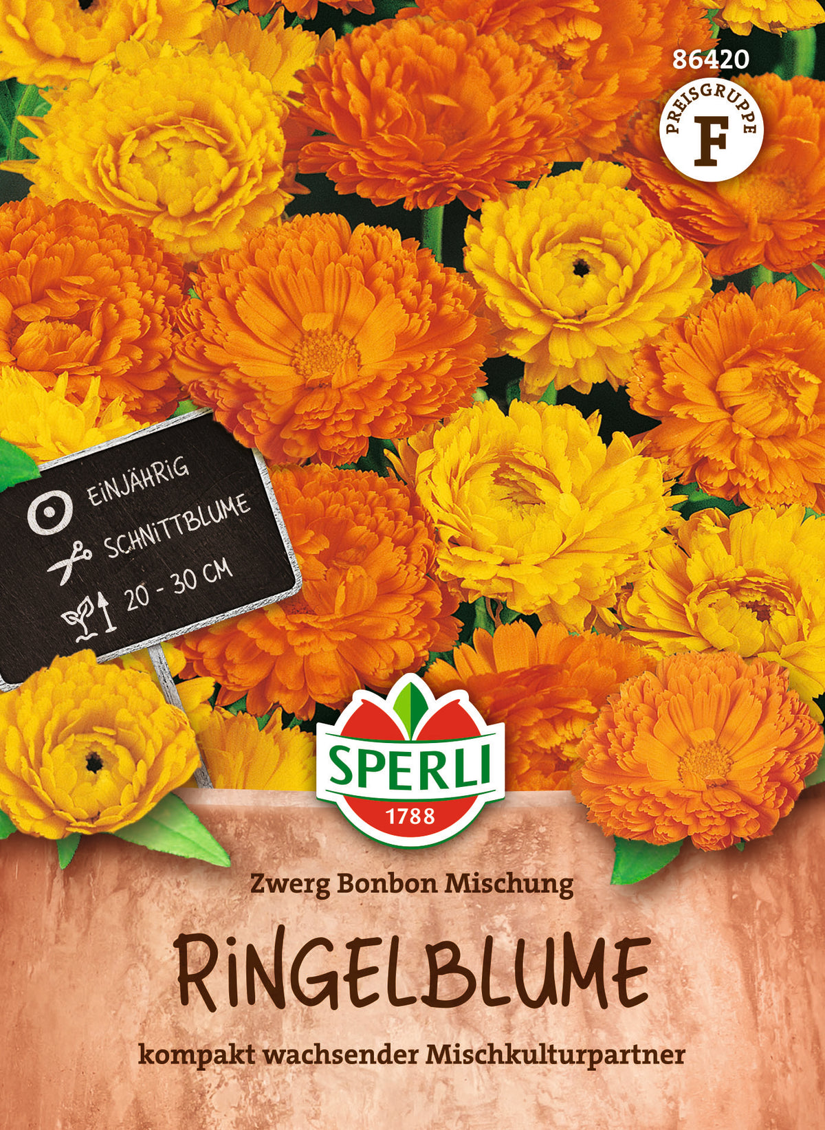 Original-SPERLI-Samentüte, Vorderseite: Ringelblume Zwerg Bonbon Mischung (Art.-Nr. 86420).