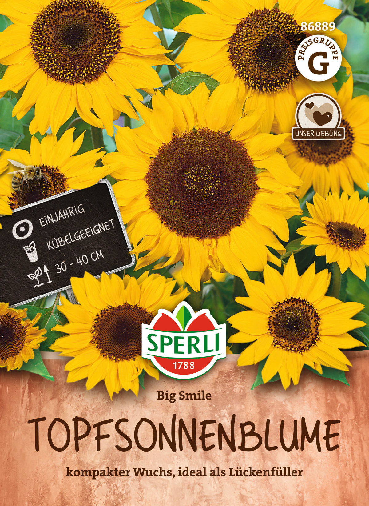 Original-SPERLI-Samentüte, Vorderseite: Topfsonnenblume Big Smile (Art.-Nr. 86889).