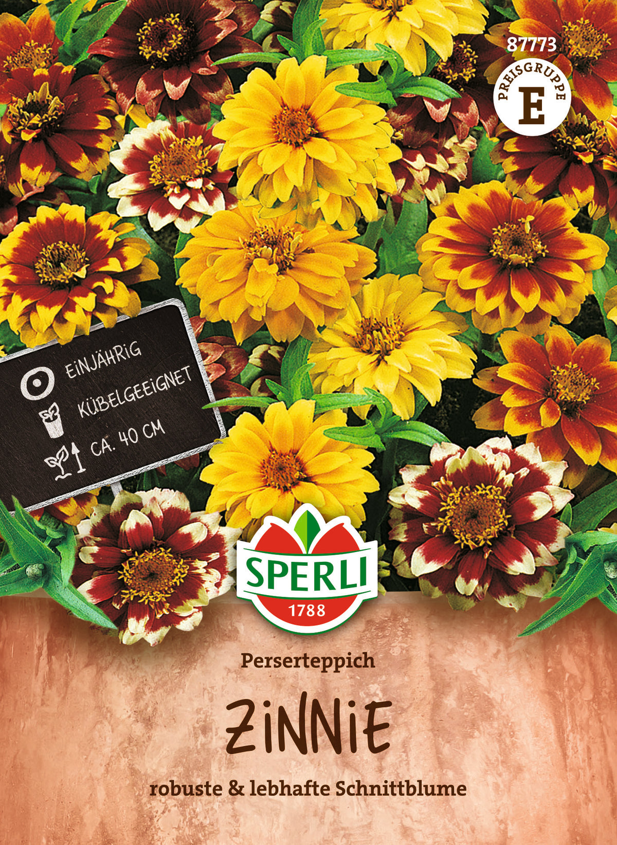 Original-SPERLI-Samentüte, Vorderseite: Zinnie Perserteppich (Art.-Nr. 87773).
