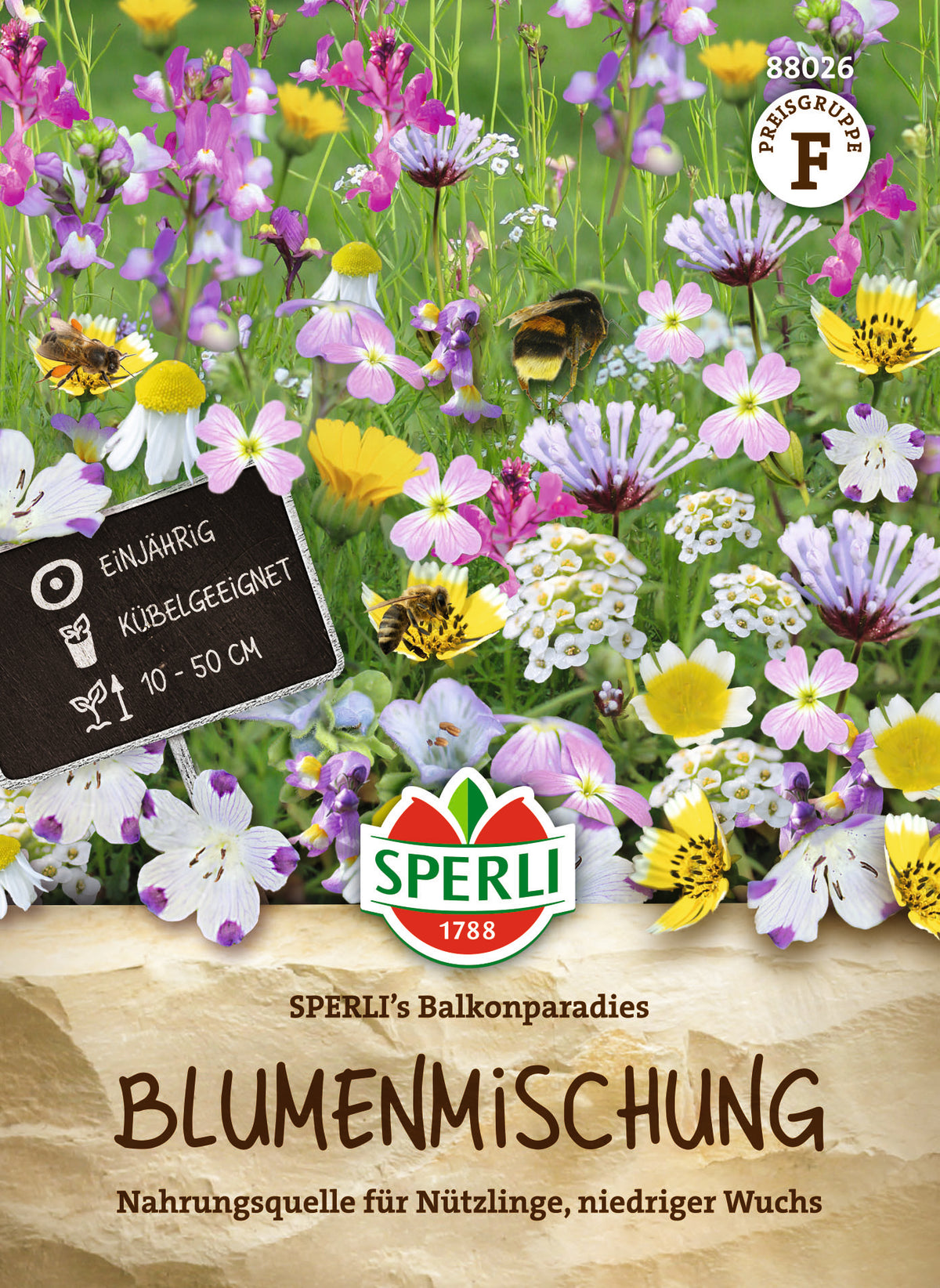 Original-SPERLI-Samentüte, Vorderseite: Balkon-Nützlingsparadies (Art.-Nr. 88026).