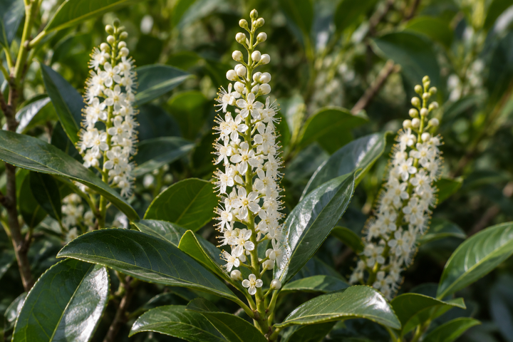 Aufrechte weiße Kirschlorbeer-Blütentrauben mit kleinen geöffneten Blüten und Knospen zwischen grünen Blättern.