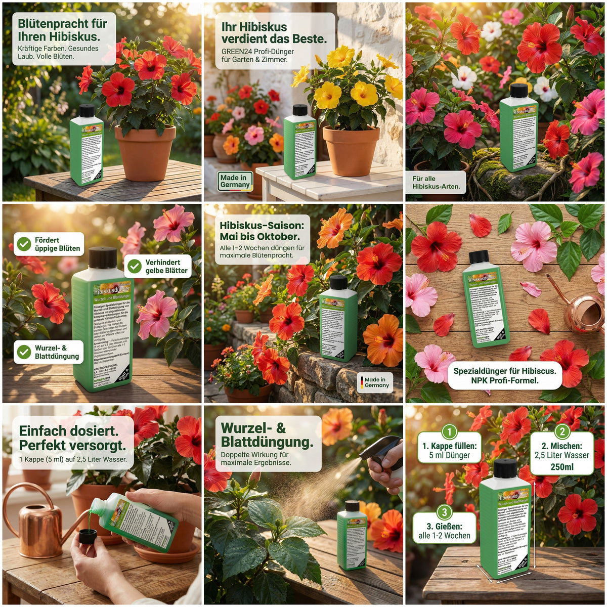 Hibiskus-Dünger 250ml – Spezial-Flüssigdünger für alle Hibiskus-Arten (Garten & Zimmer) | Fördert üppige Blüten, verhindert gelbe Blätter & sorgt für kräftiges Wachstum | NPK Profi-Pflege für Hibiscus