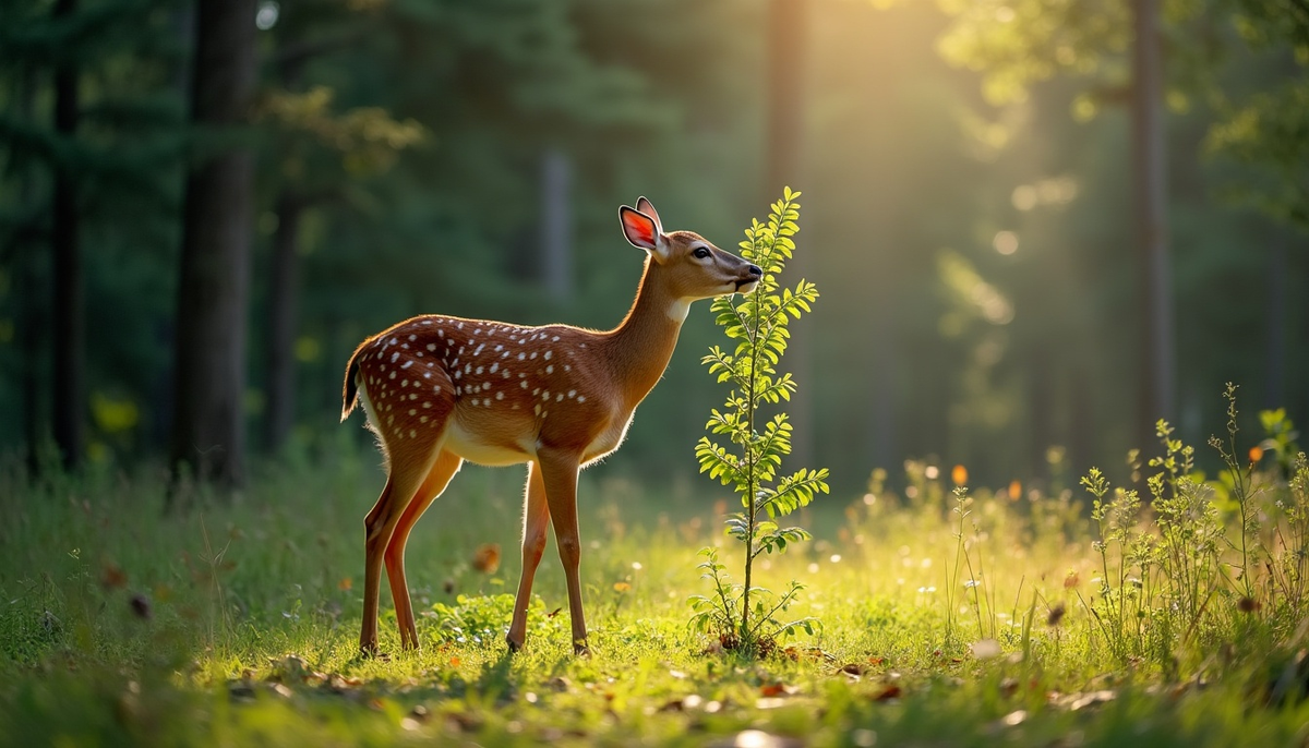 Illustration eines Wildtiers beim Verbiss an einem jungen Gehölz