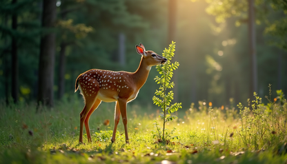 Illustration eines Wildtiers beim Verbiss an einem jungen Gehölz