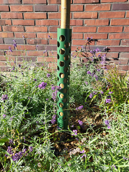 Grüner Stammschutz 60 cm an einem jungen Baumstamm