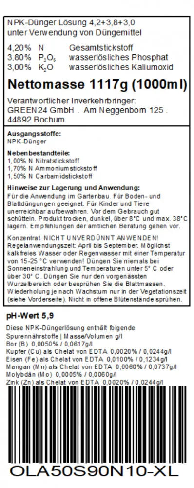 GREEN24 Oliven-Dünger XL 1 Liter – Deklaration und Anwendungshinweise
