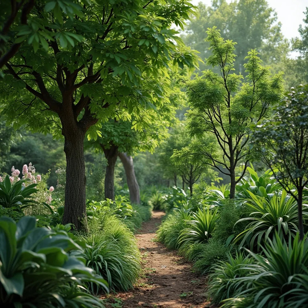 Gartenweg zwischen Bäumen, Sträuchern und weiteren Blattpflanzen.