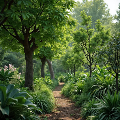 Gartenweg zwischen Bäumen, Sträuchern und weiteren Blattpflanzen.