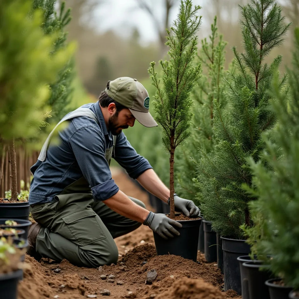 Person wearing gloves holds the planting pot of a conifer in a garden.