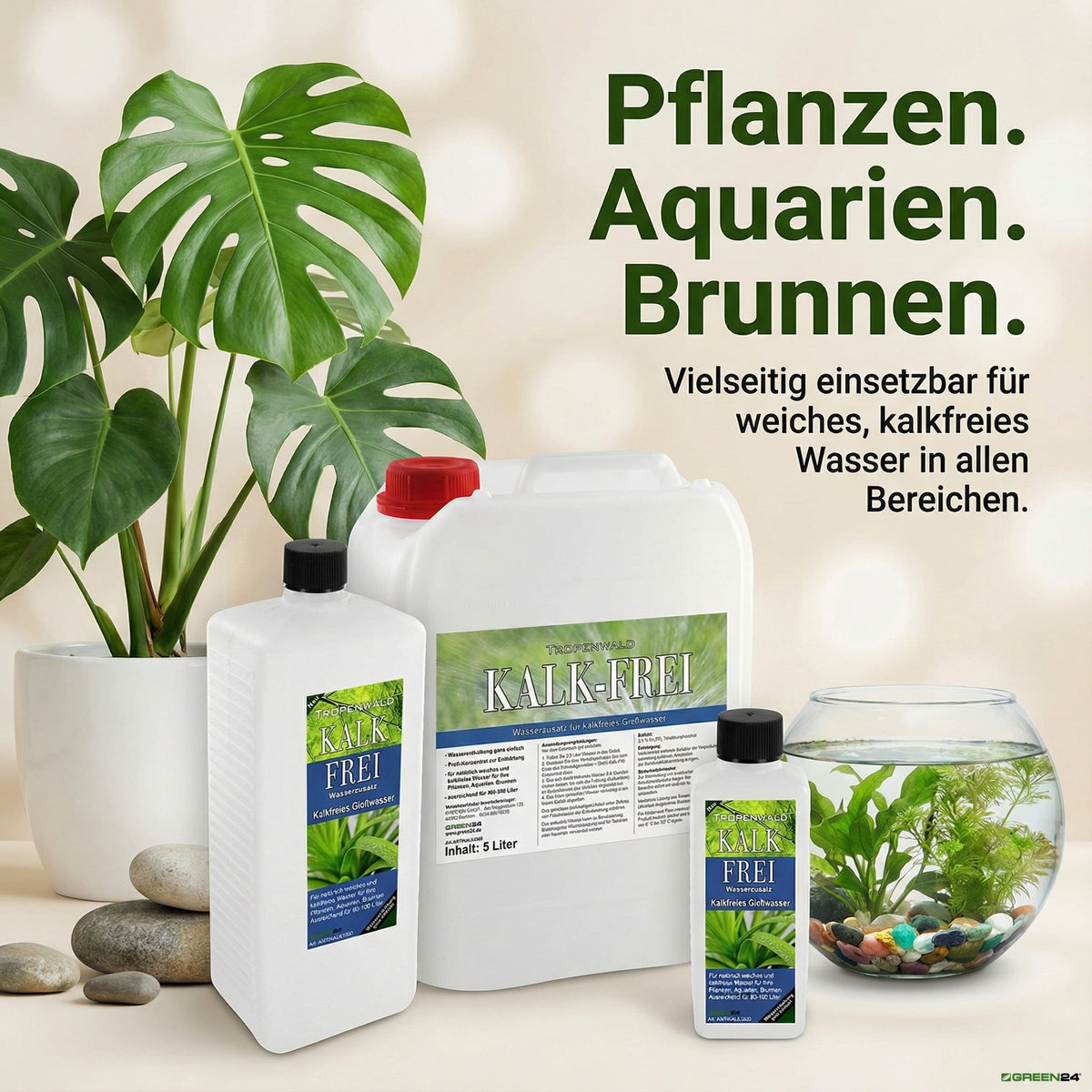 Herstellermotiv der Anti-Kalk-Serie mit Kanister und Flaschen neben Pflanze und Aquarium